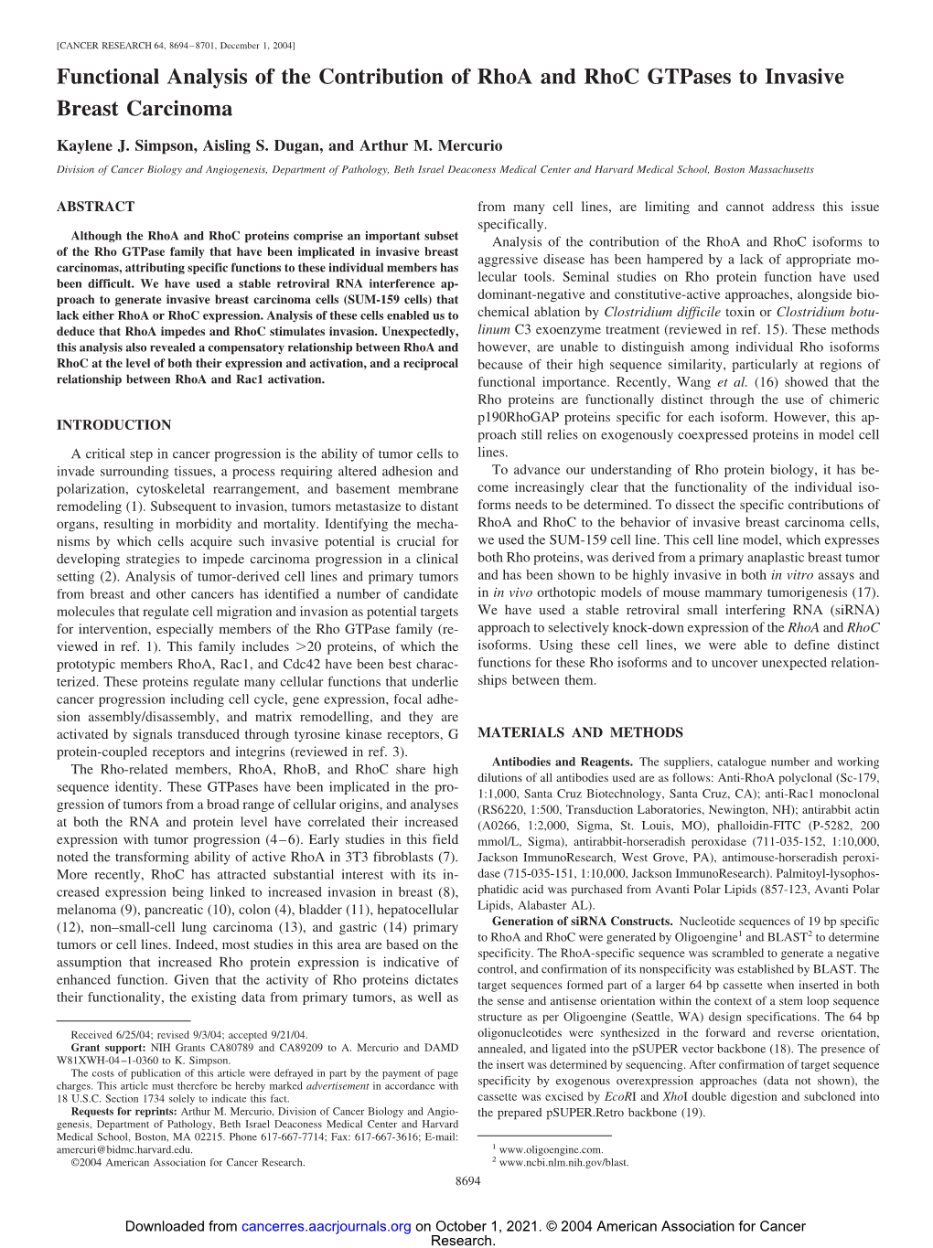 Functional Analysis of the Contribution of Rhoa and Rhoc Gtpases to Invasive Breast Carcinoma