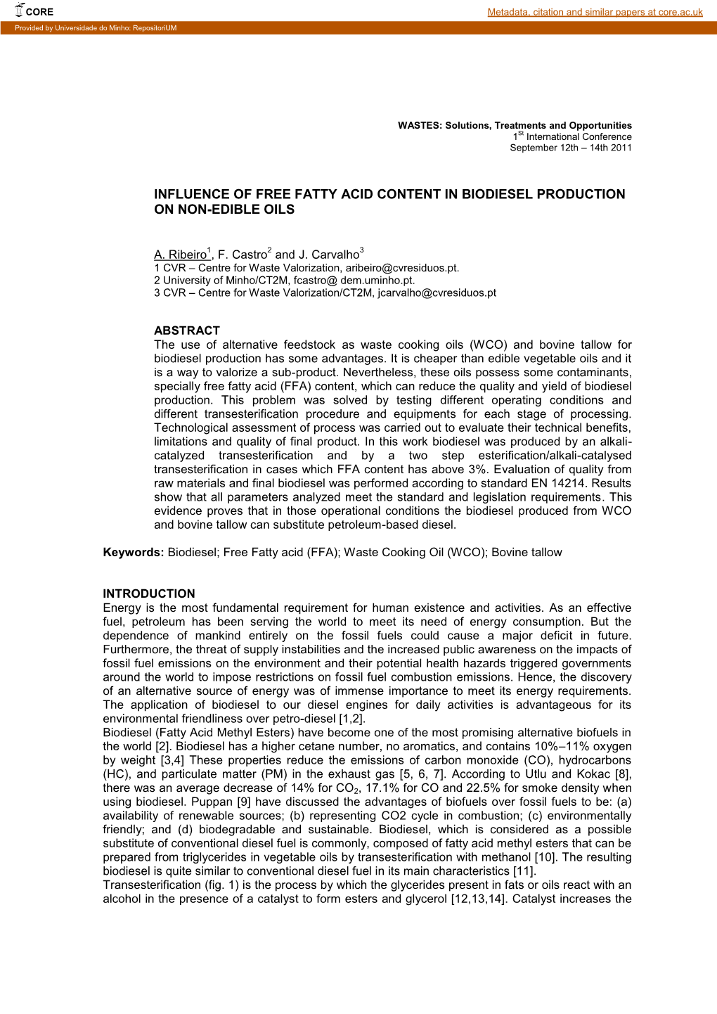 Influence of Free Fatty Acid Content in Biodiesel Production on Non-Edible Oils