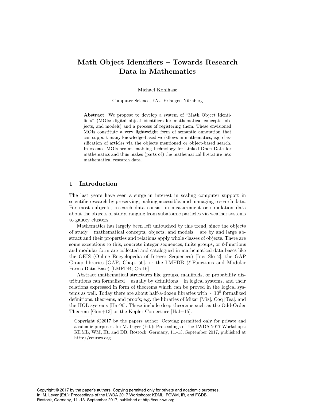 Math Object Identifiers – Towards Research Data in Mathematics