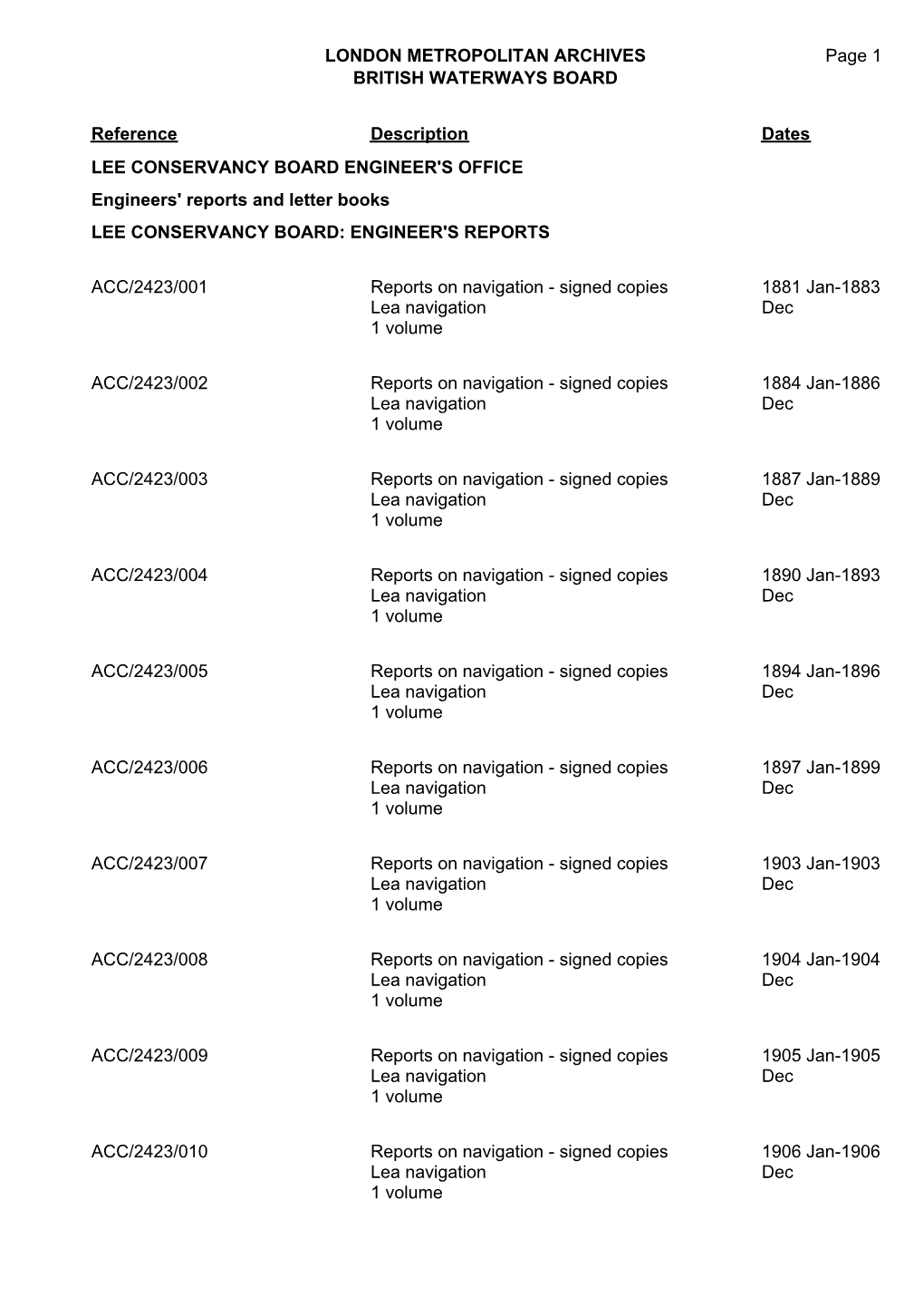 LONDON METROPOLITAN ARCHIVES Page 1 BRITISH WATERWAYS BOARD