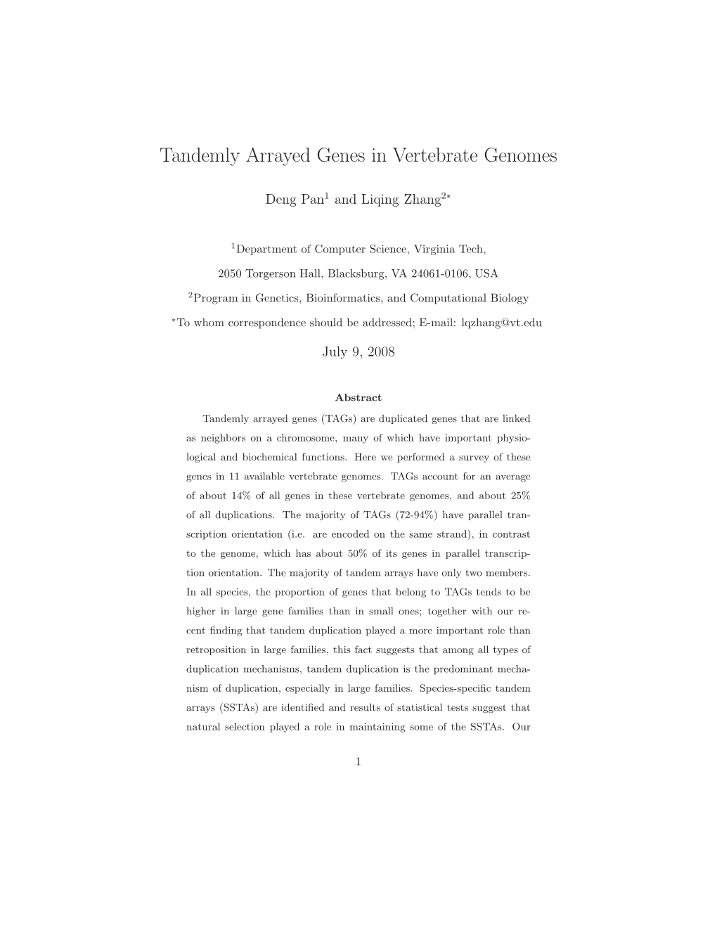 Tandemly Arrayed Genes in Vertebrate Genomes