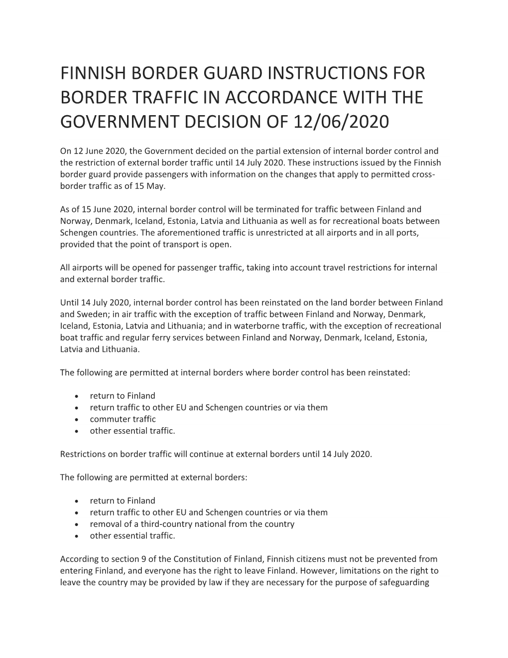 Finnish Border Guard Instructions for Border Traffic in Accordance with the Government Decision of 12/06/2020