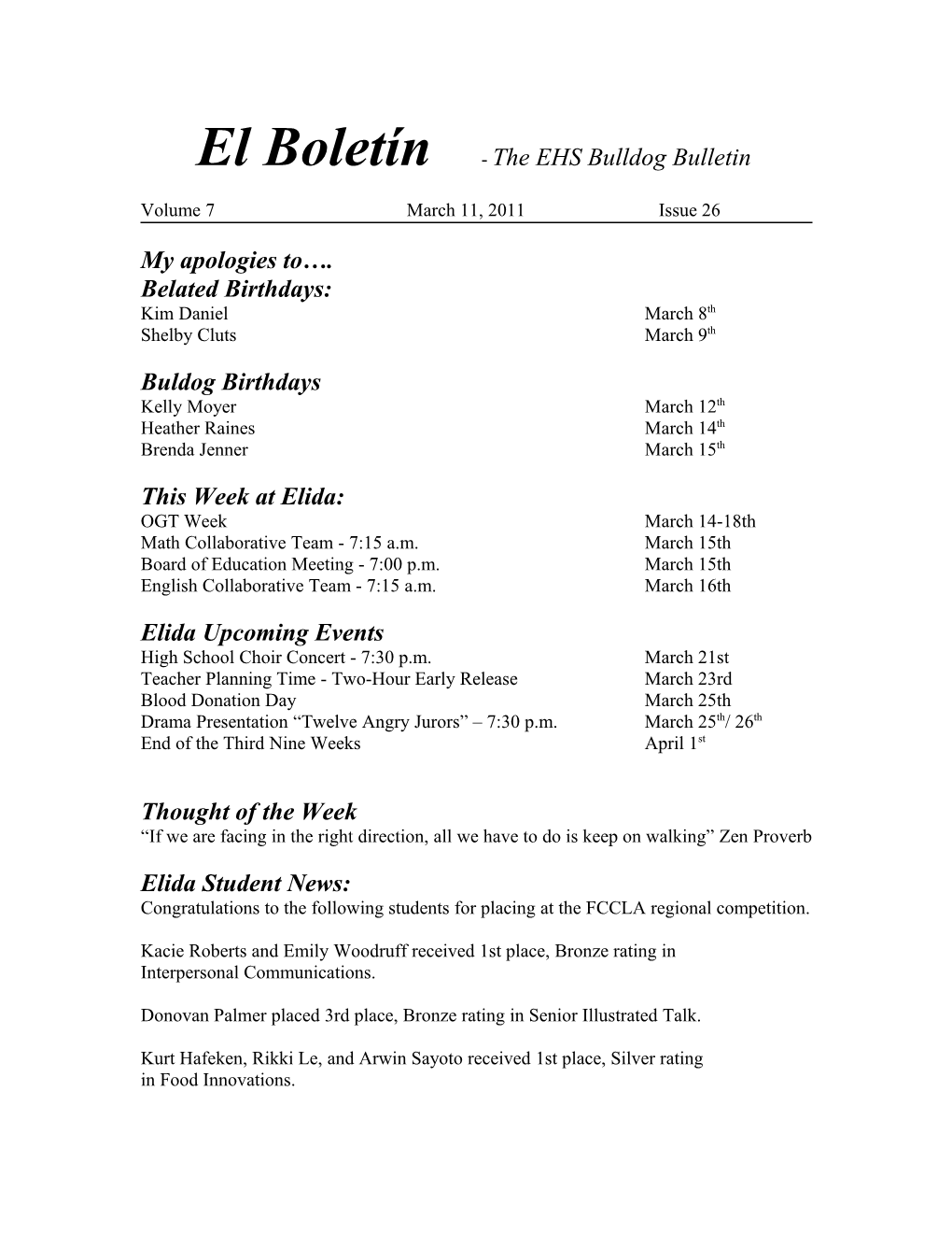 El Boletín - the EHS Bulldog Bulletin s1