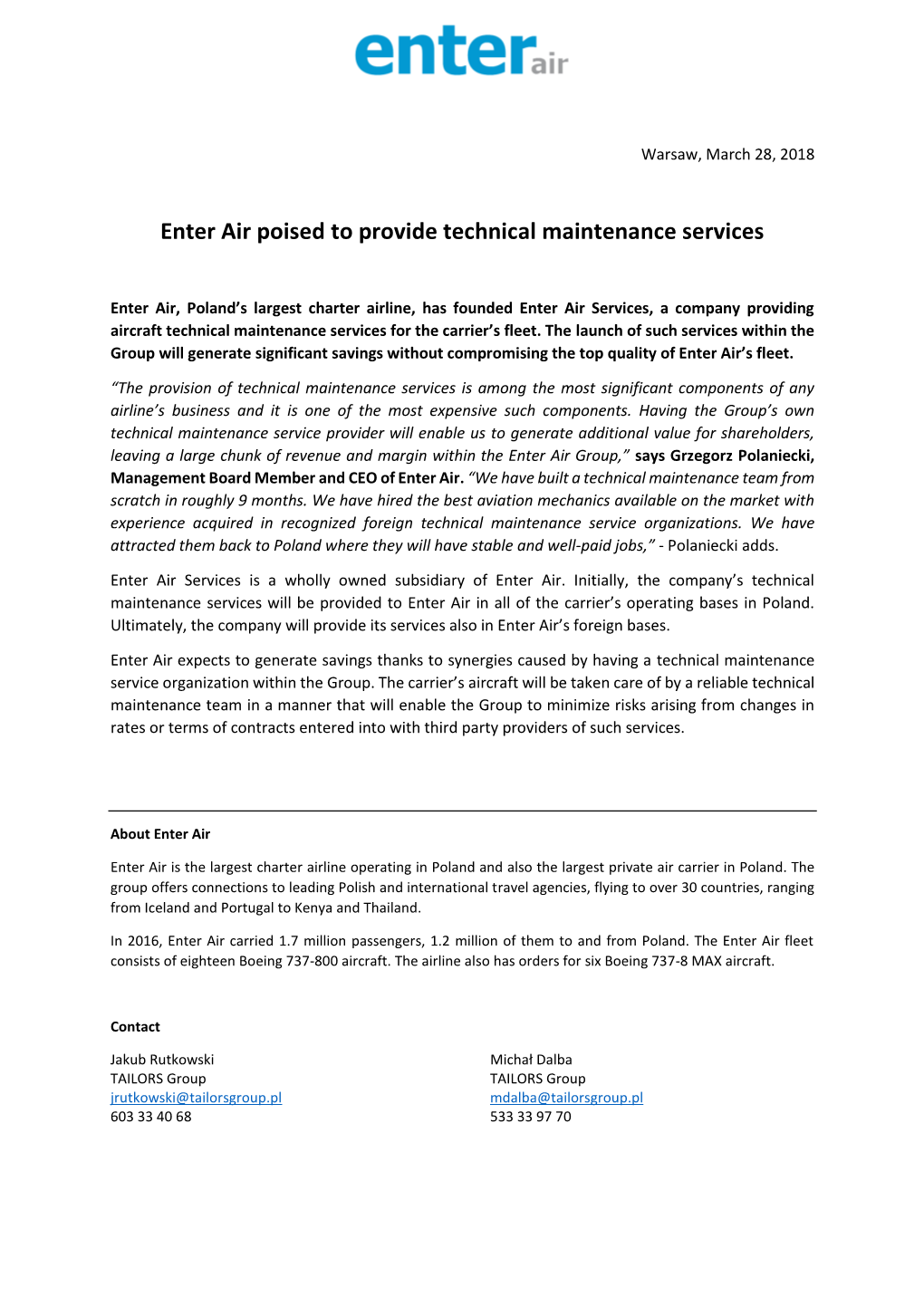 Enter Air Poised to Provide Technical Maintenance Services