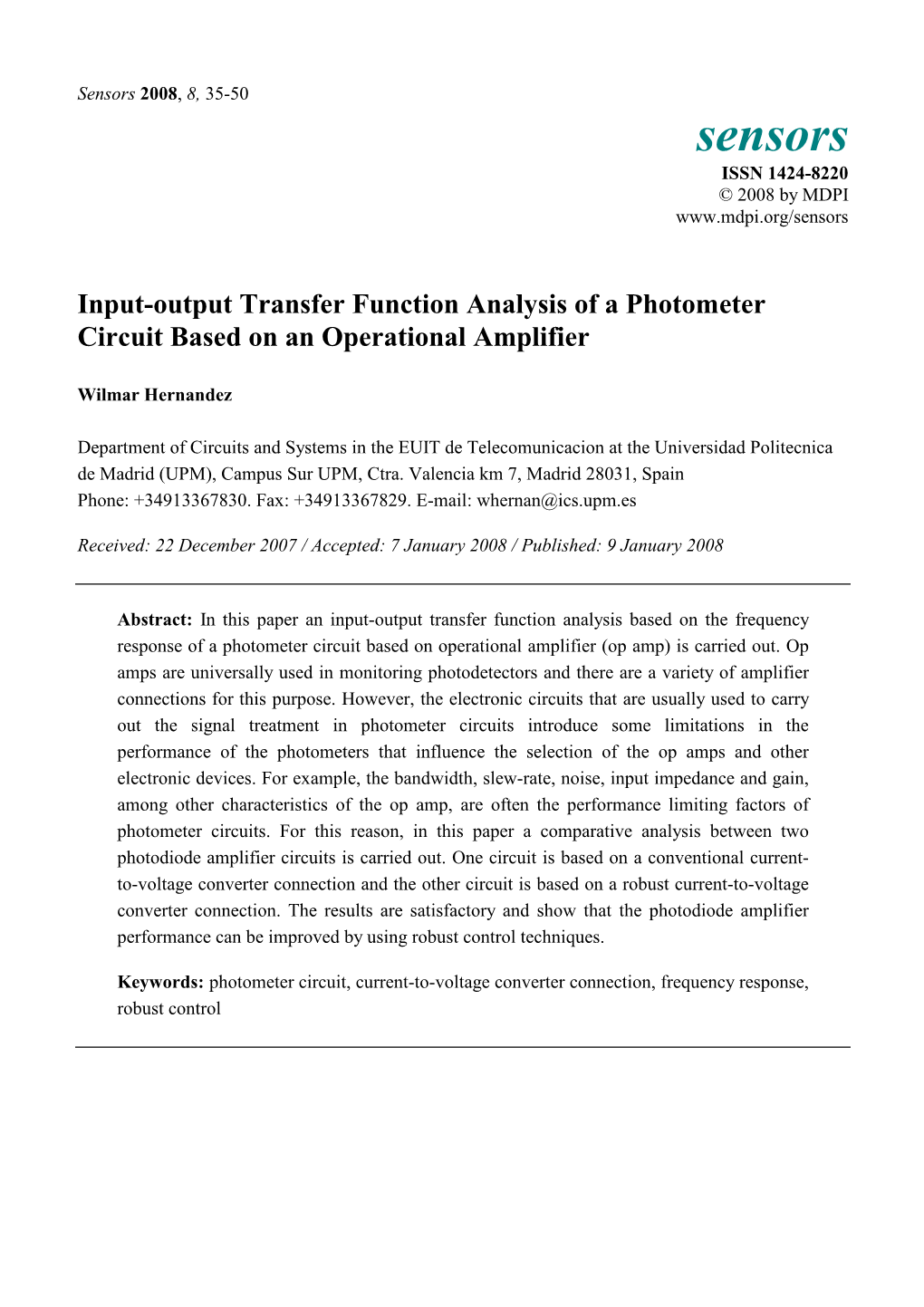 Input-Output Transfer Function Analysis of a Photometer Circuit Based on an Operational Amplifier