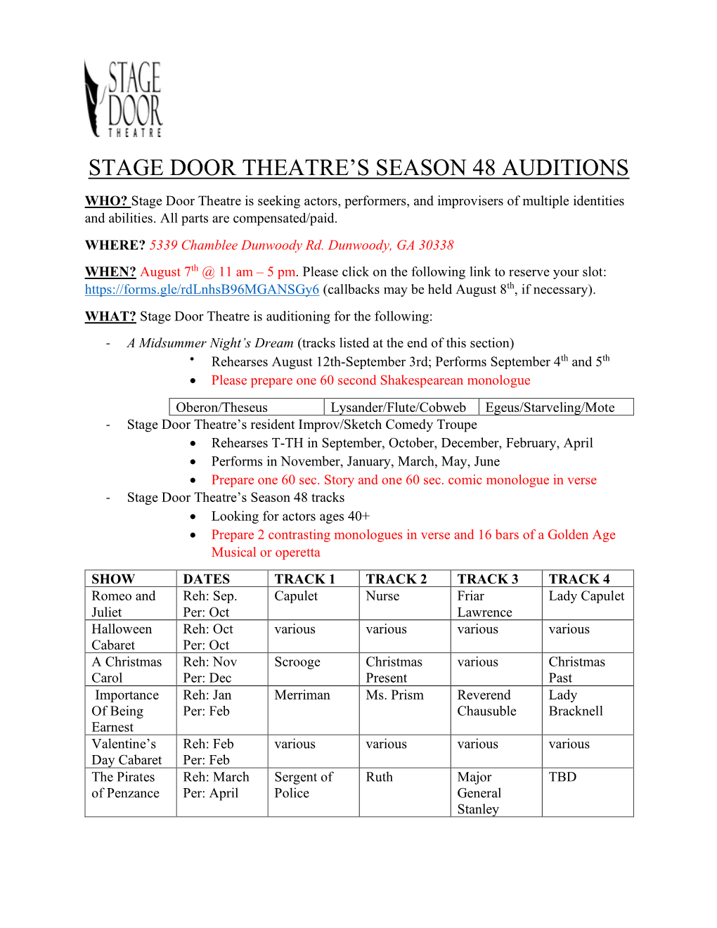 Stage Door Theatre's Season 48 Auditions