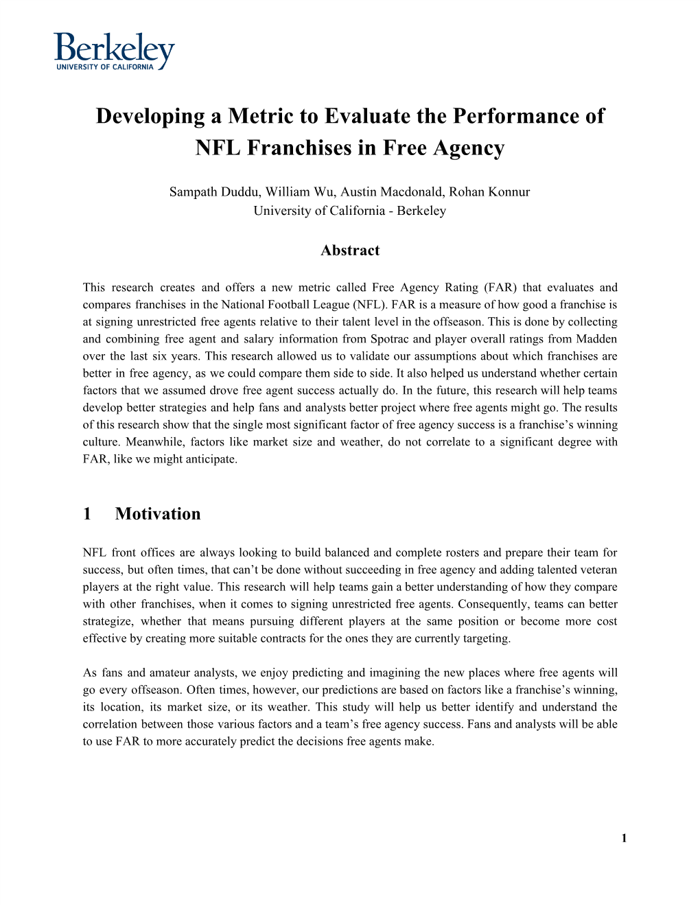 Developing a Metric to Evaluate the Performances of NFL Franchises In