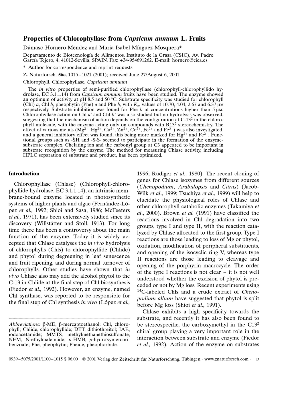 Properties of Chlorophyllase from Capsicum Annuum L. Fruits