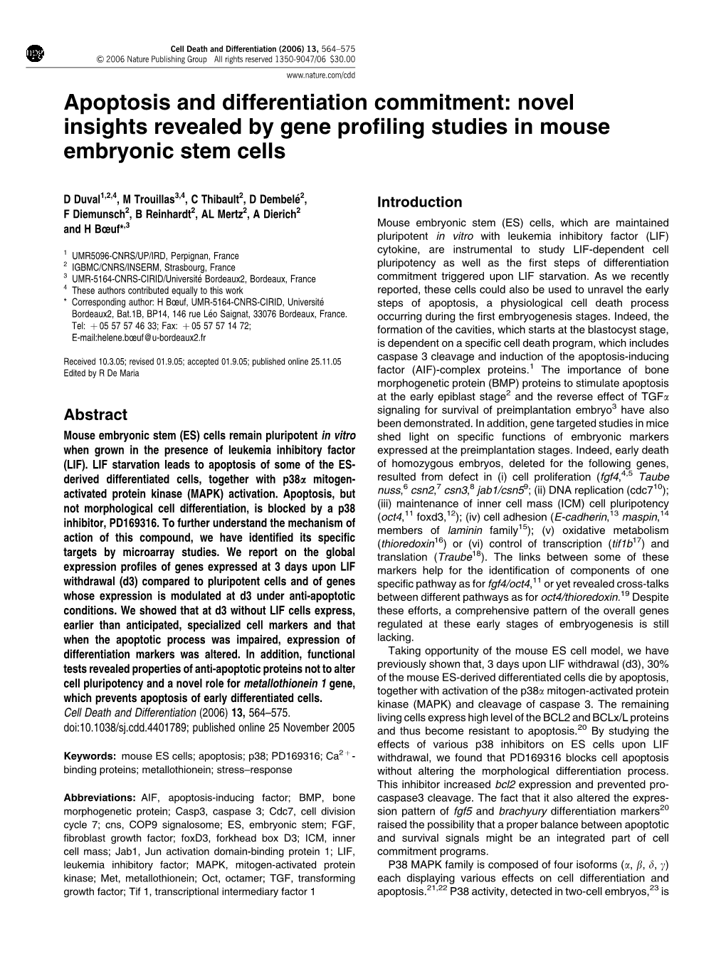 Apoptosis and Differentiation Commitment: Novel Insights Revealed by Gene Proﬁling Studies in Mouse Embryonic Stem Cells