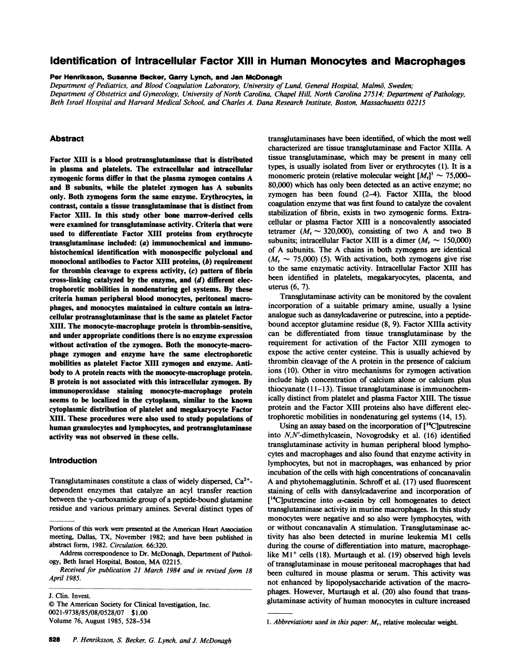 Identification of Intracellular Factor XIII in Human Monocytes and Macrophages