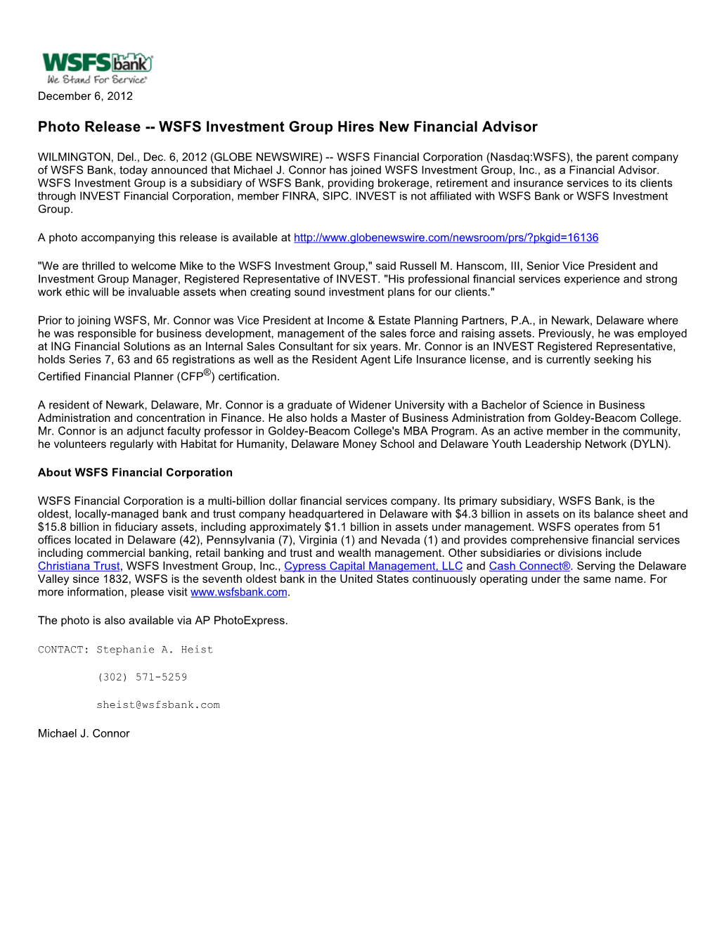 WSFS Investment Group Hires New Financial Advisor