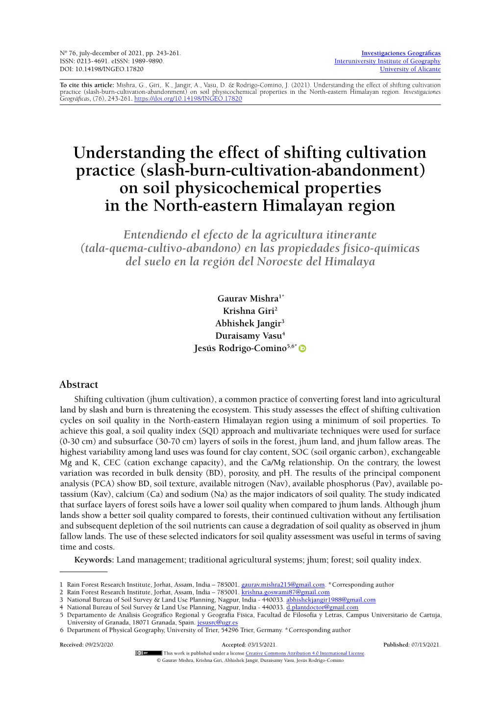 (Slash-Burn-Cultivation-Abandonment) on Soil Physicochemical Properties in the North-Eastern Himalayan Region