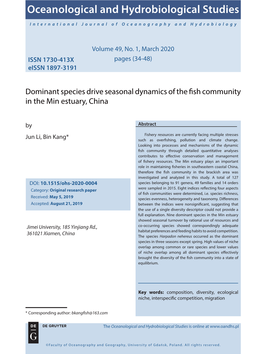 Oceanological and Hydrobiological Studies