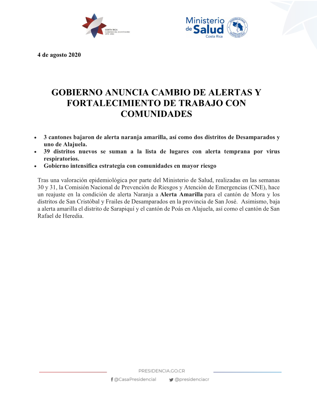 Gobierno Anuncia Cambio De Alertas Y Fortalecimiento De Trabajo Con Comunidades