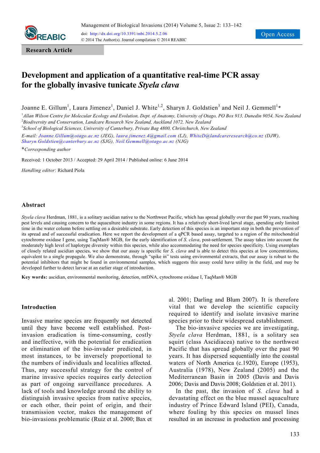 Development and Application of a Quantitative Real-Time PCR Assay for the Globally Invasive Tunicate Styela Clava