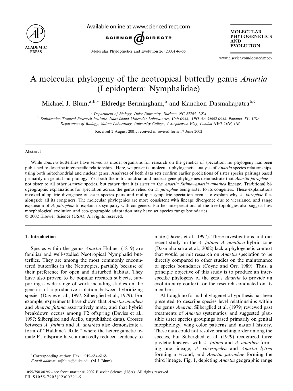 A Molecular Phylogeny of the Neotropical Butterfly Genus Anartia