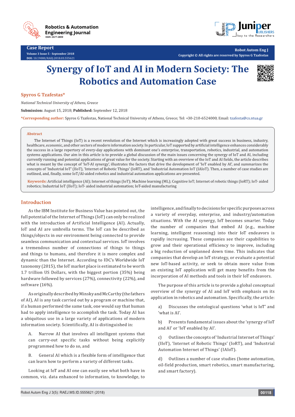 Synergy of Iot and AI in Modern Society: the Robotics and Automation Case