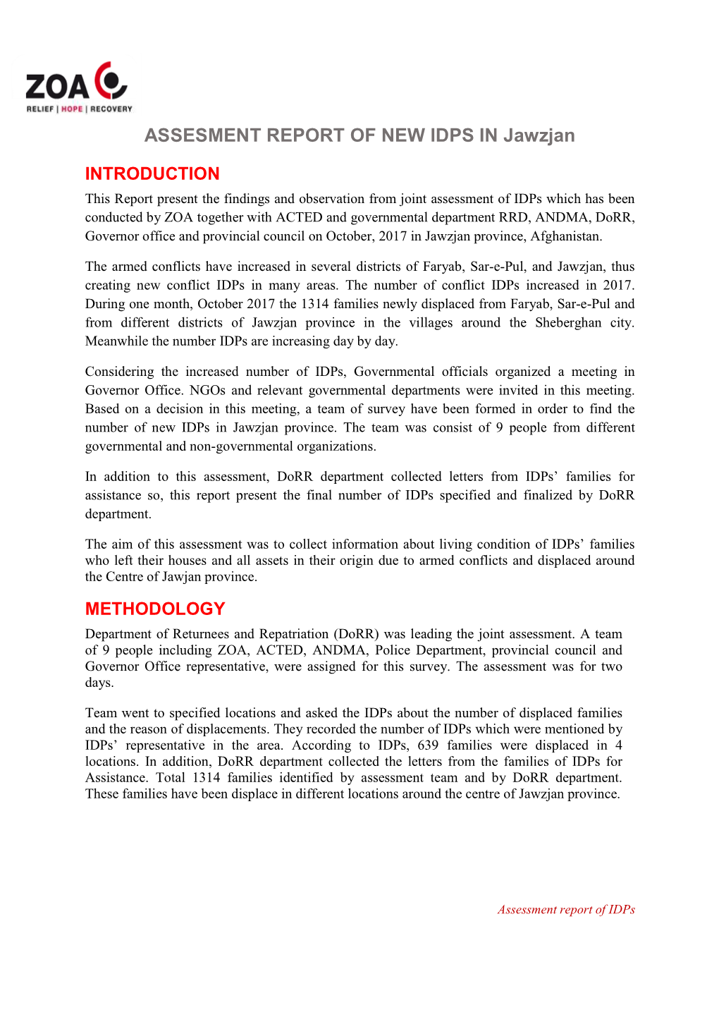 ASSESMENT REPORT of NEW IDPS in Jawzjan