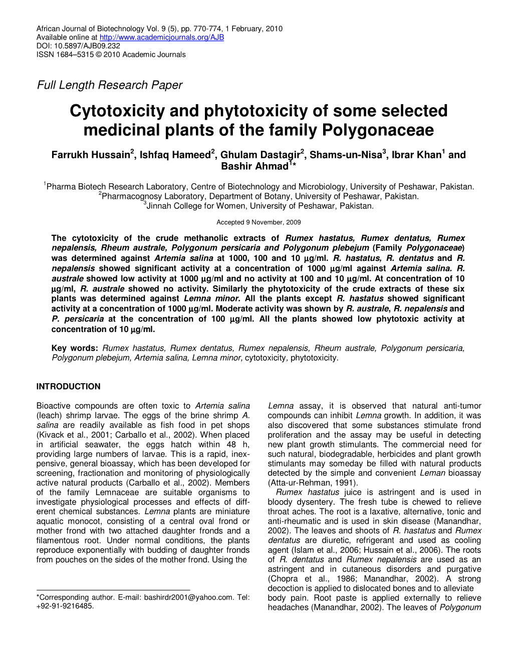 Cytotoxicity and Phytotoxicity of Some Selected Medicinal Plants of the Family Polygonaceae