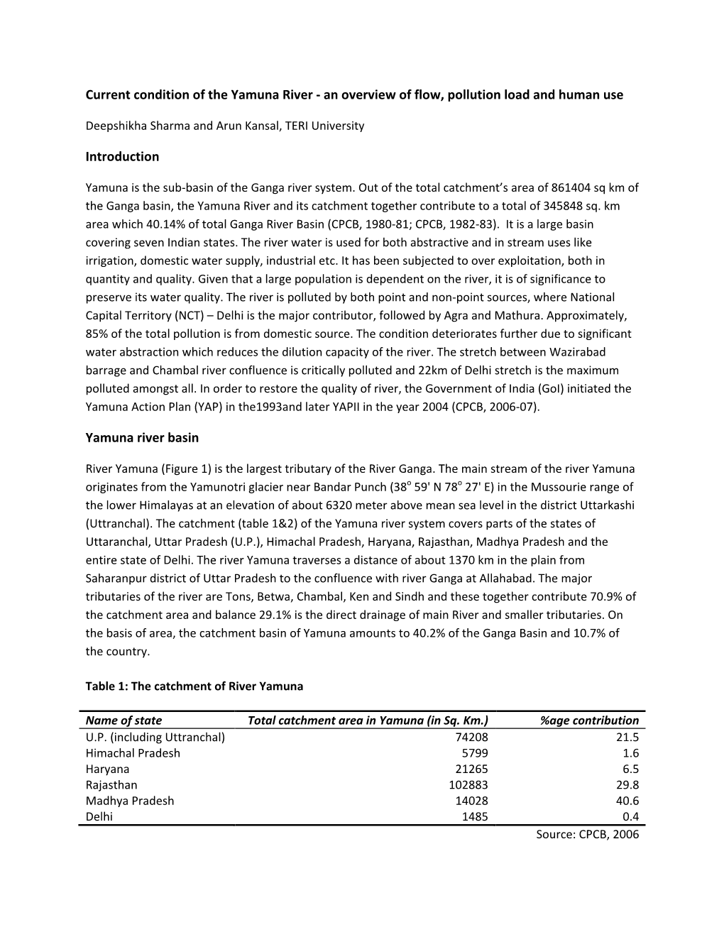 Current Condition of the Yamuna River - an Overview of Flow, Pollution Load and Human Use