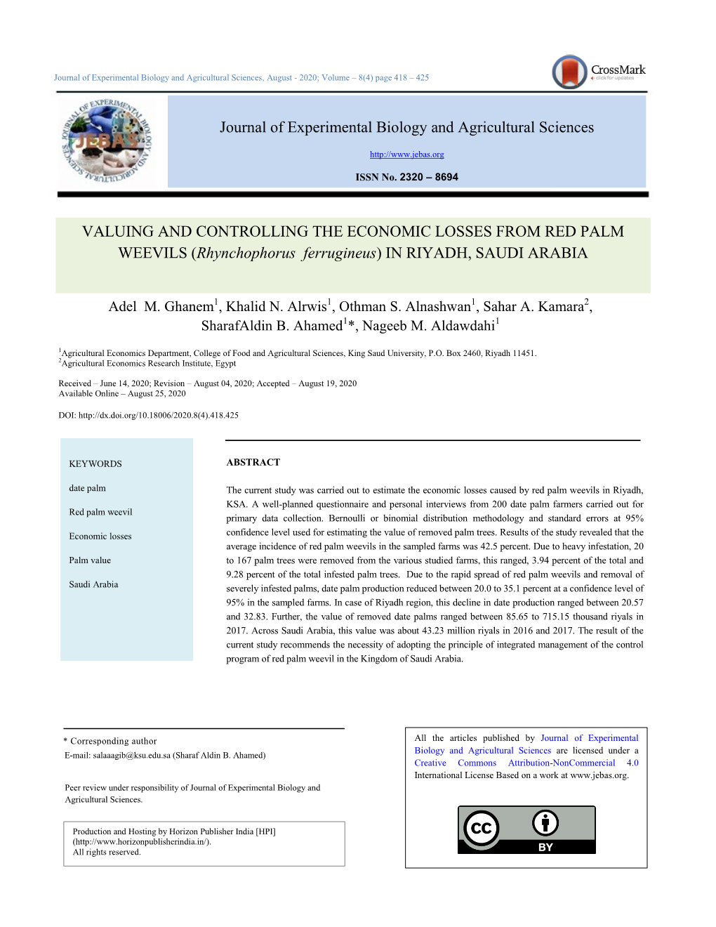 Journal of Experimental Biology and Agricultural Sciences VALUING and CONTROLLING