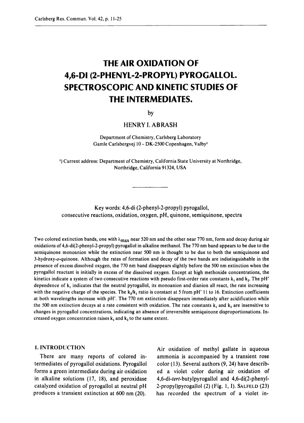 The Air Oxidation of 4,6-Di (2-Phenyl-2-Propyl) Pyrogallol. Spectroscopic and Kinetic Studies of the Intermediates