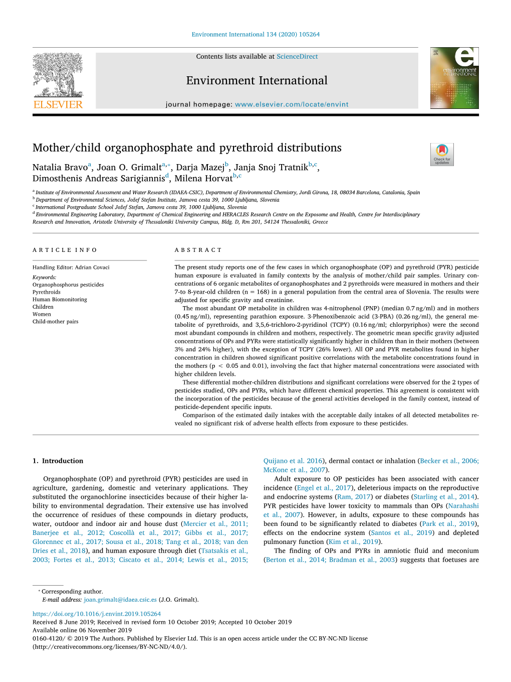 Mother/Child Organophosphate and Pyrethroid Distributions T ⁎ Natalia Bravoa, Joan O