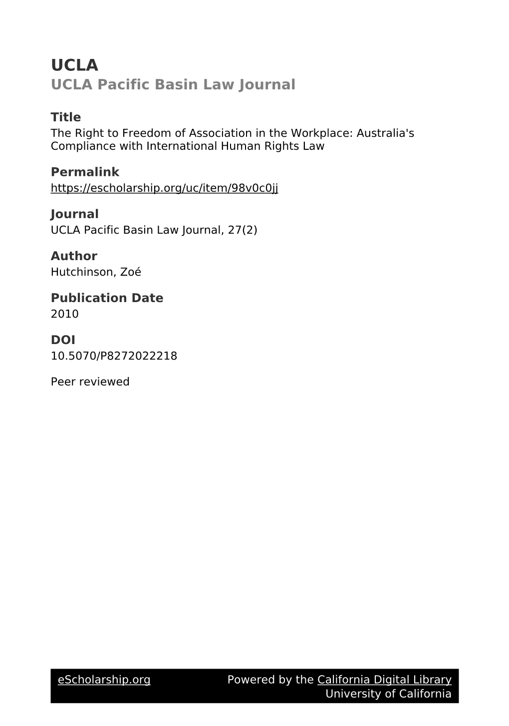 Right to Freedom of Association in the Workplace: Australia's Compliance with International Human Rights Law