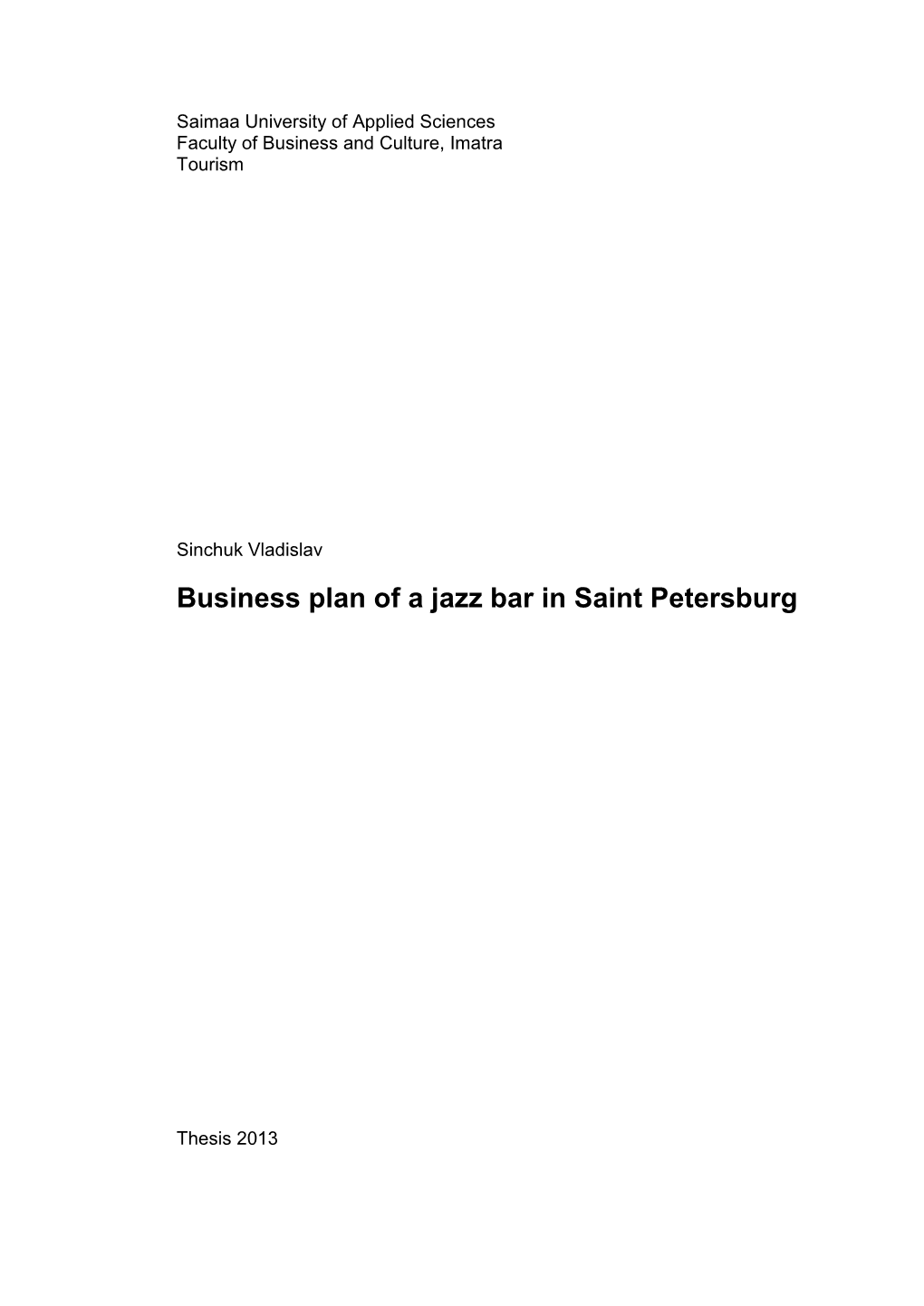 Business Plan of a Jazz Bar in Saint Petersburg