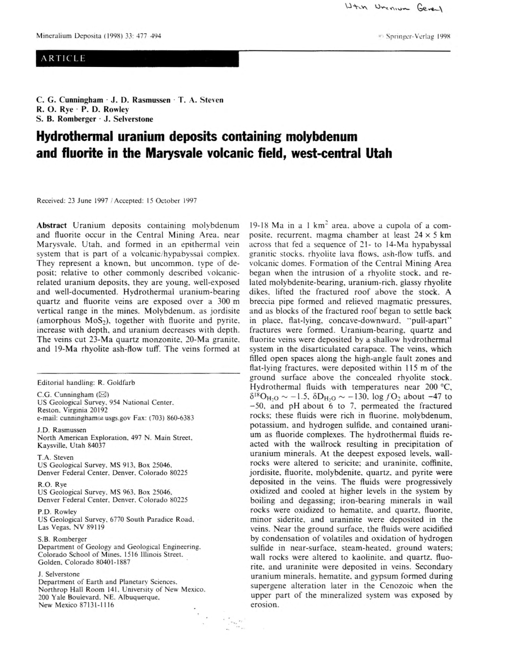 Hydrothermal Uranium Deposits Containing Molybdenum and Fluorite in the Marysvale Volcanic Field, West-Central Utah