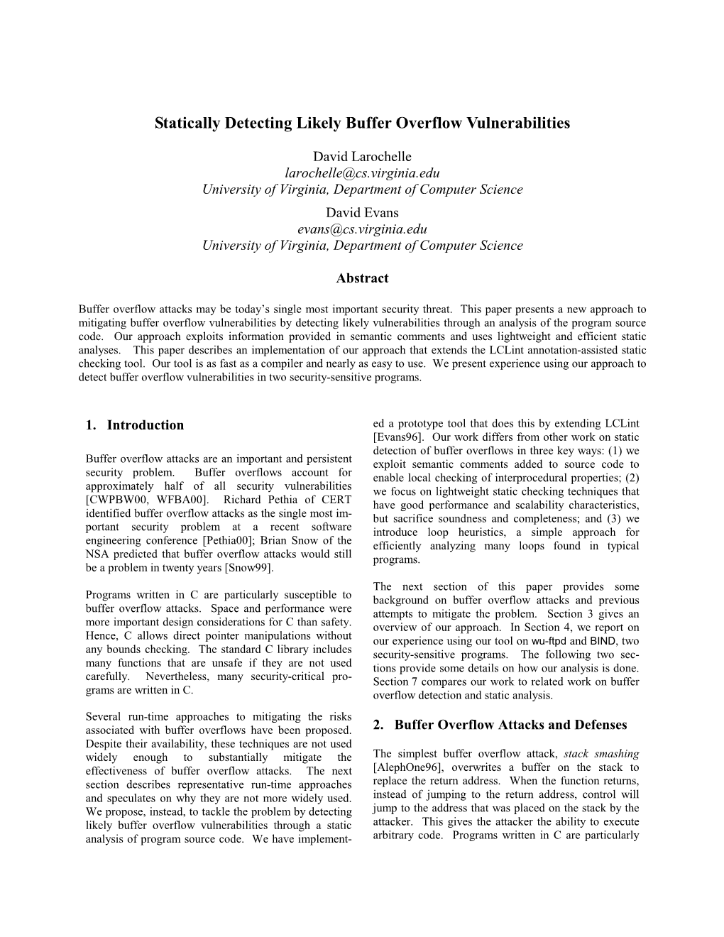 Statically Detecting Likely Buffer Overflow Vulnerabilities