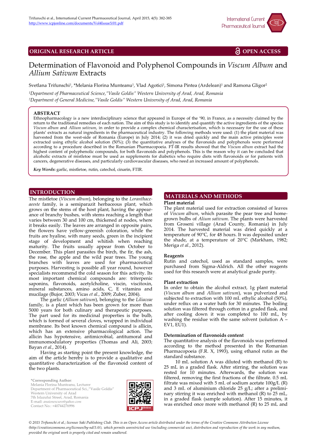 Determination of Flavonoid and Polyphenol Compounds in Viscum Album and Allium Sativum Extracts