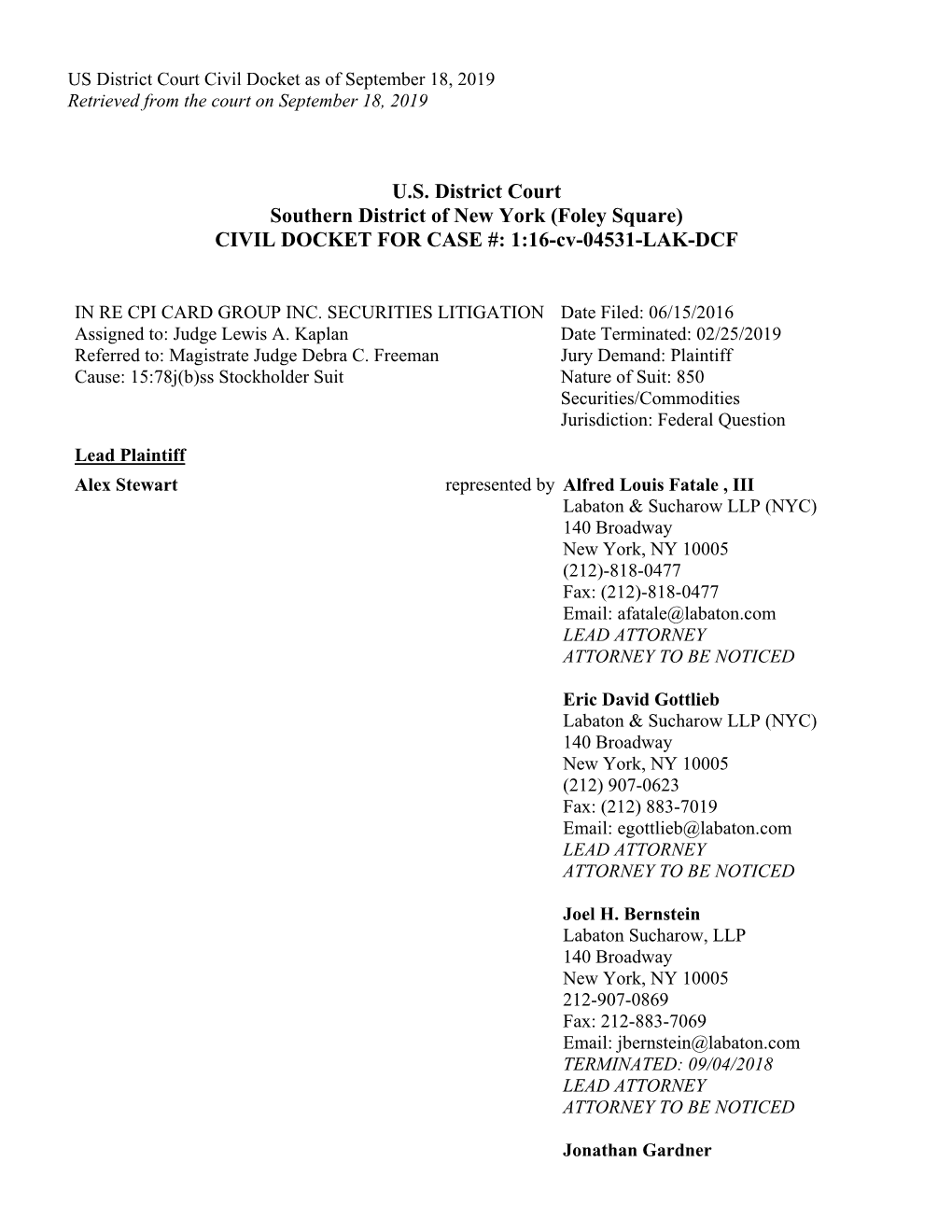 In Re CPI Card Group Inc. Securities Litigation 16-CV-04531-U.S