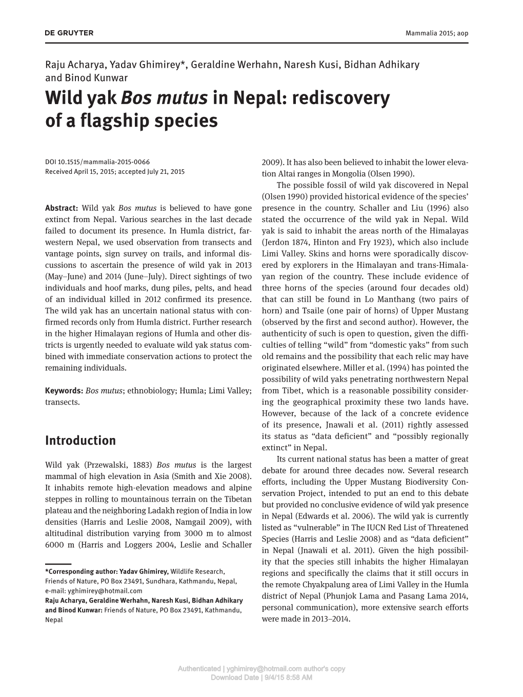 Wild Yak Bos Mutus in Nepal: Rediscovery of a Flagship Species