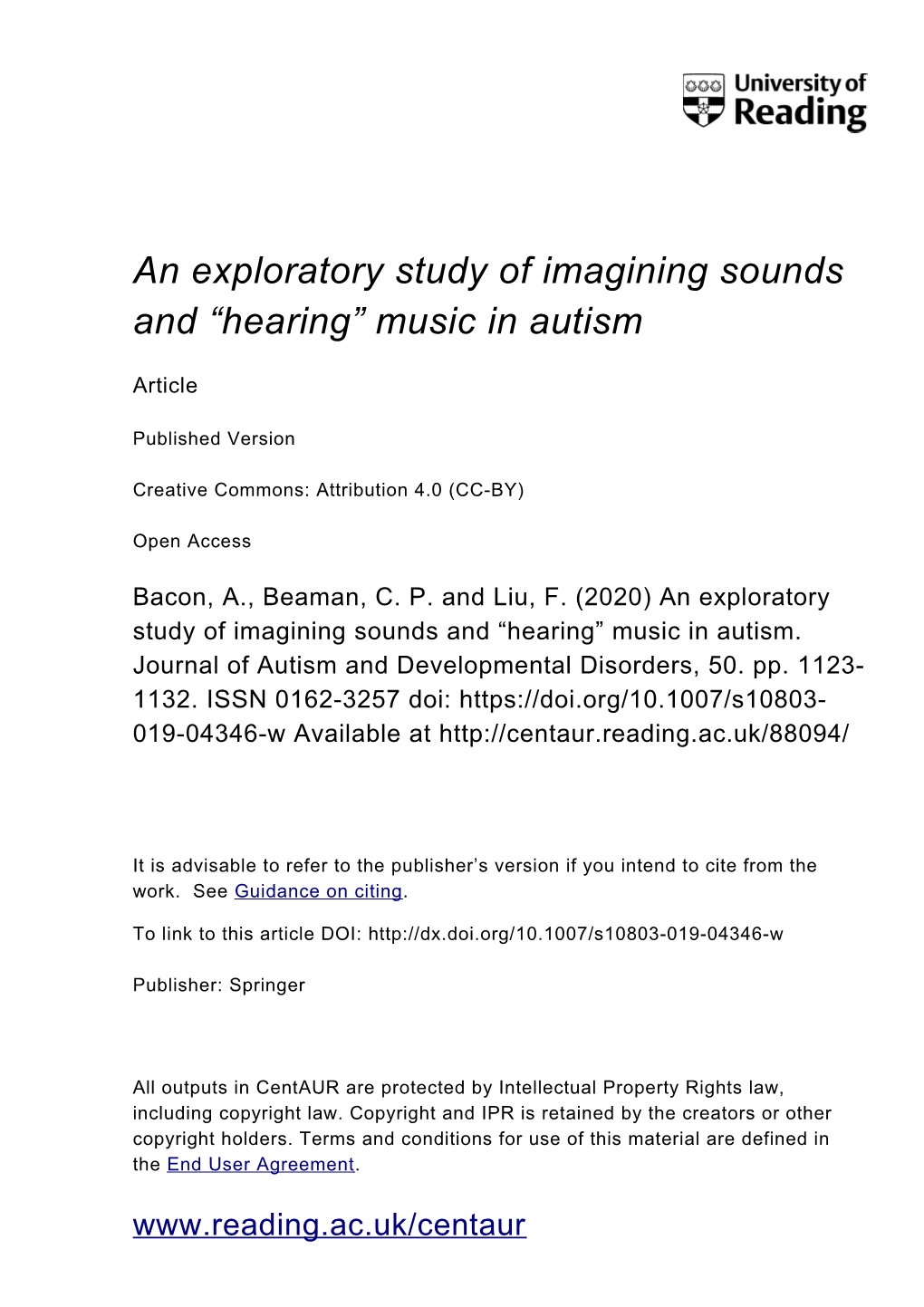 An Exploratory Study of Imagining Sounds and “Hearing” Music in Autism