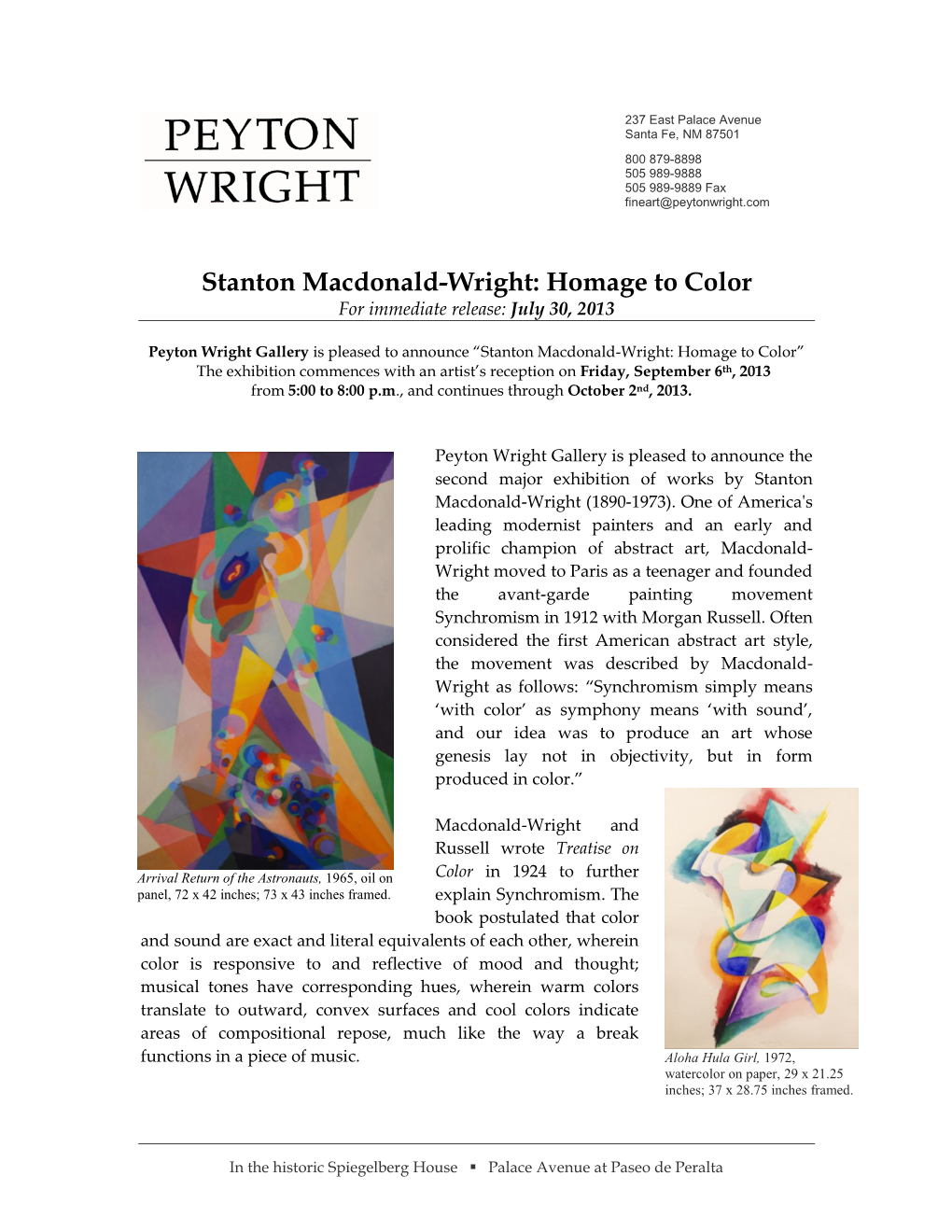 Stanton Macdonald-Wright: Homage to Color for Immediate Release: July 30, 2013