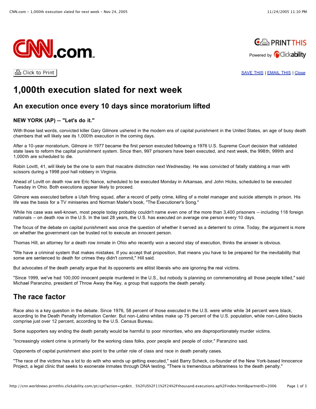 CNN.Com - 1,000Th Execution Slated for Next Week - Nov 24, 2005 11/24/2005 11:10 PM