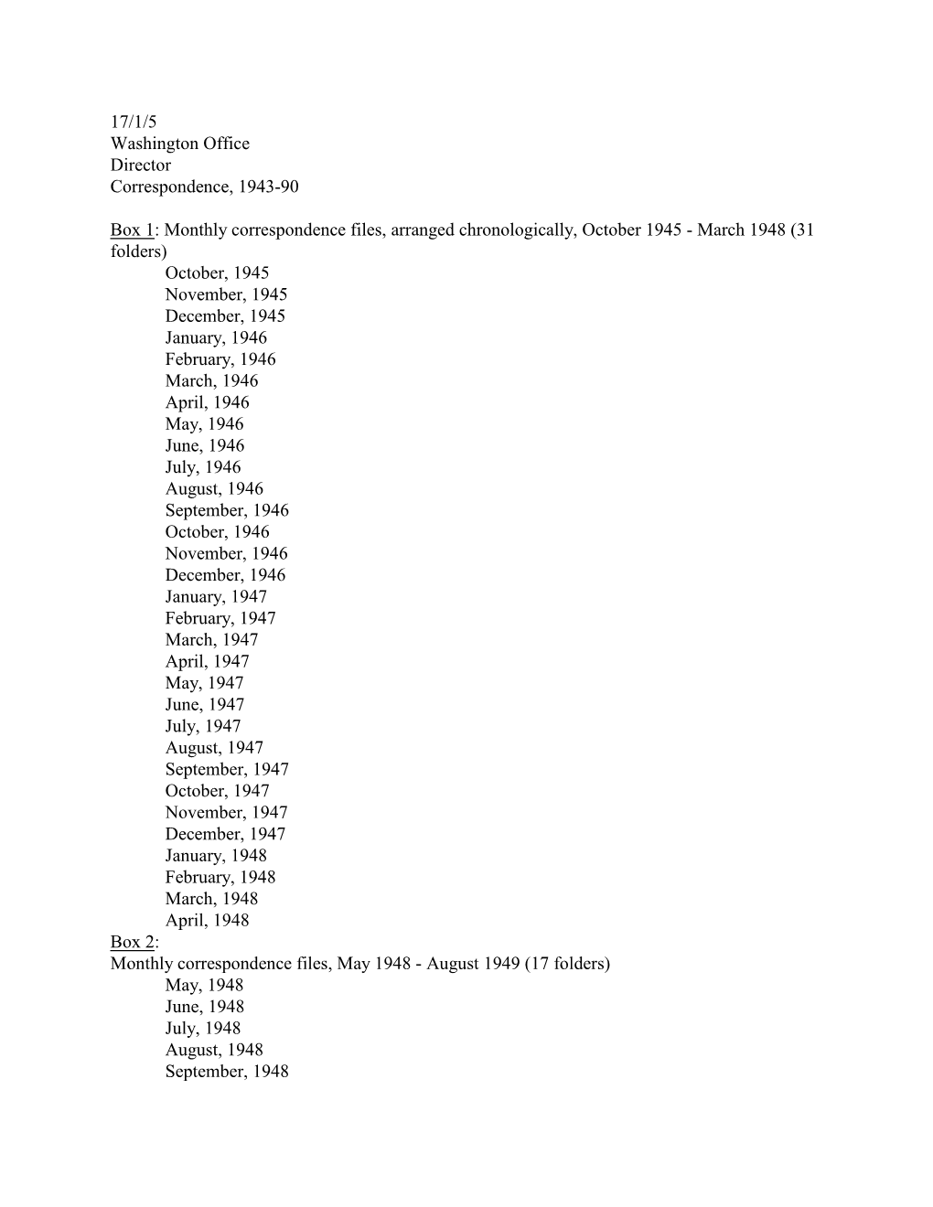 17/1/5 Washington Office Director Correspondence, 1943-90 Box 1