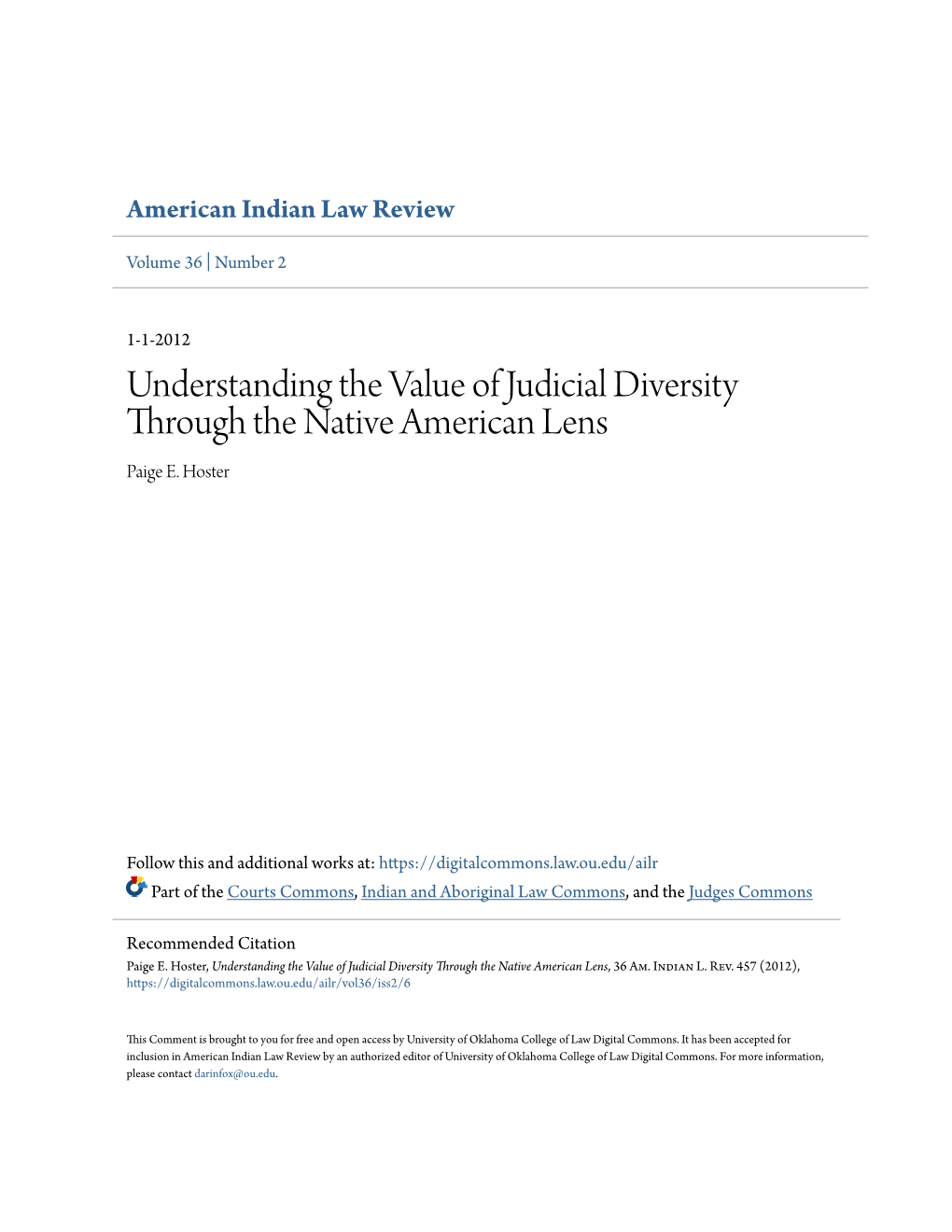 Understanding the Value of Judicial Diversity Through the Native American Lens Paige E