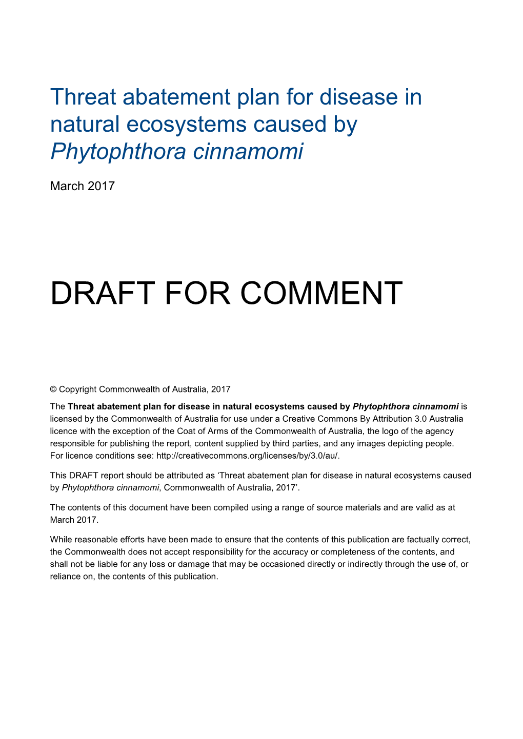 Threat Abatement Plan for Disease in Natural Ecosystems Caused by Phytophthora Cinnamomi