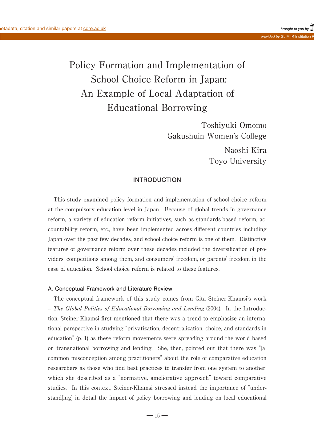 Policy Formation and Implementation of School Choice Reform in Japan: an Example of Local Adaptation of Educational Borrowing