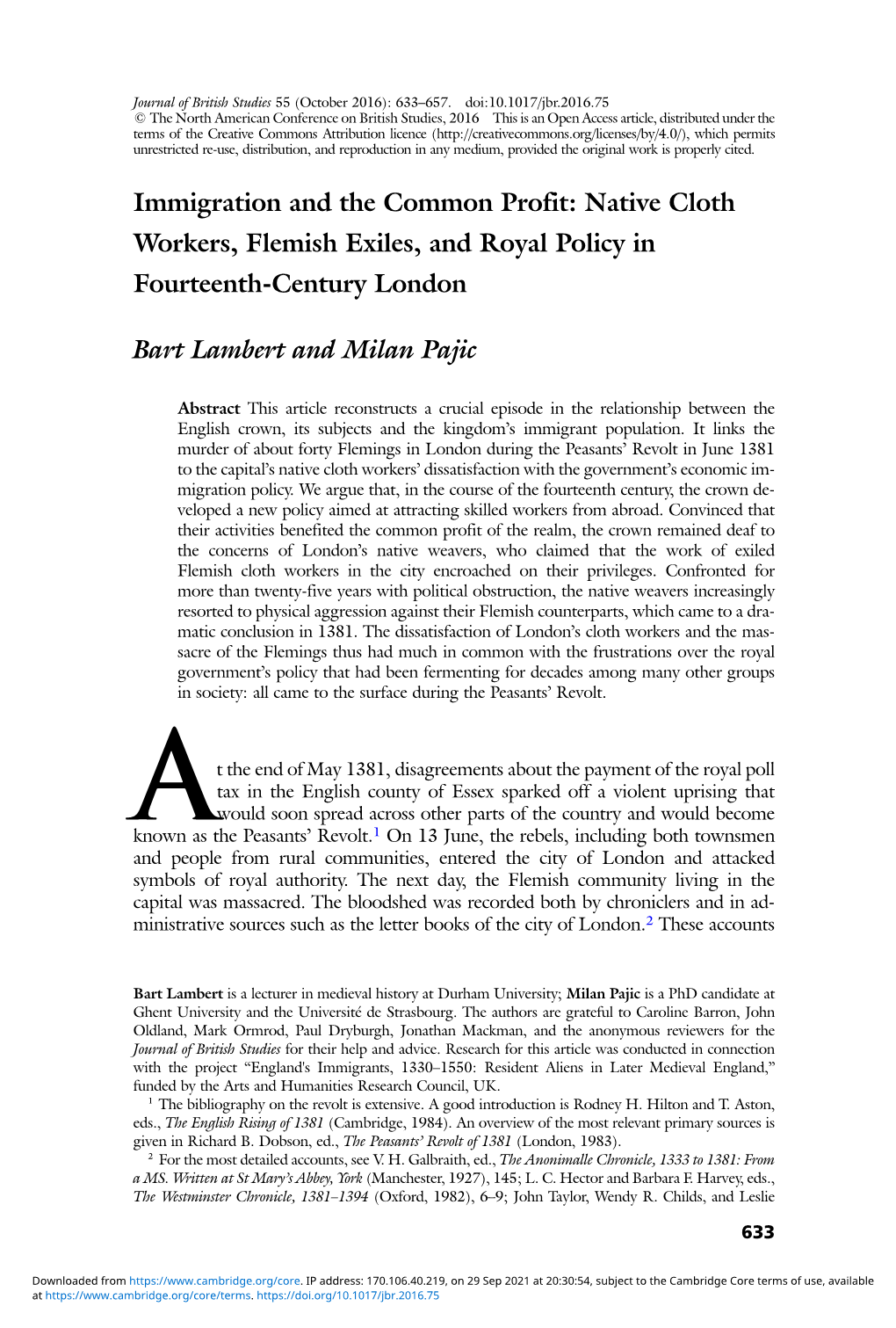 Immigration and the Common Profit: Native Cloth Workers, Flemish Exiles, and Royal Policy in Fourteenth-Century London