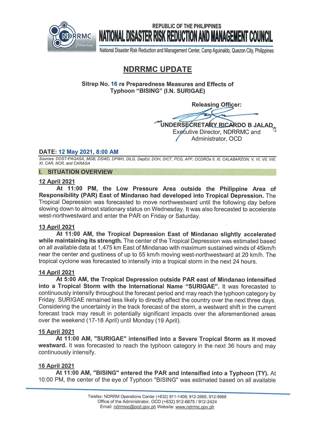 Sitrep No 16 TC Bising 2021