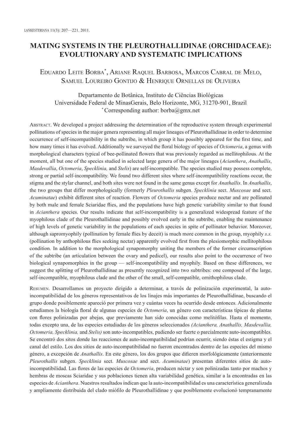 Mating Systems in the Pleurothallidinae (Orchidaceae): Evolutionary and Systematic Implications