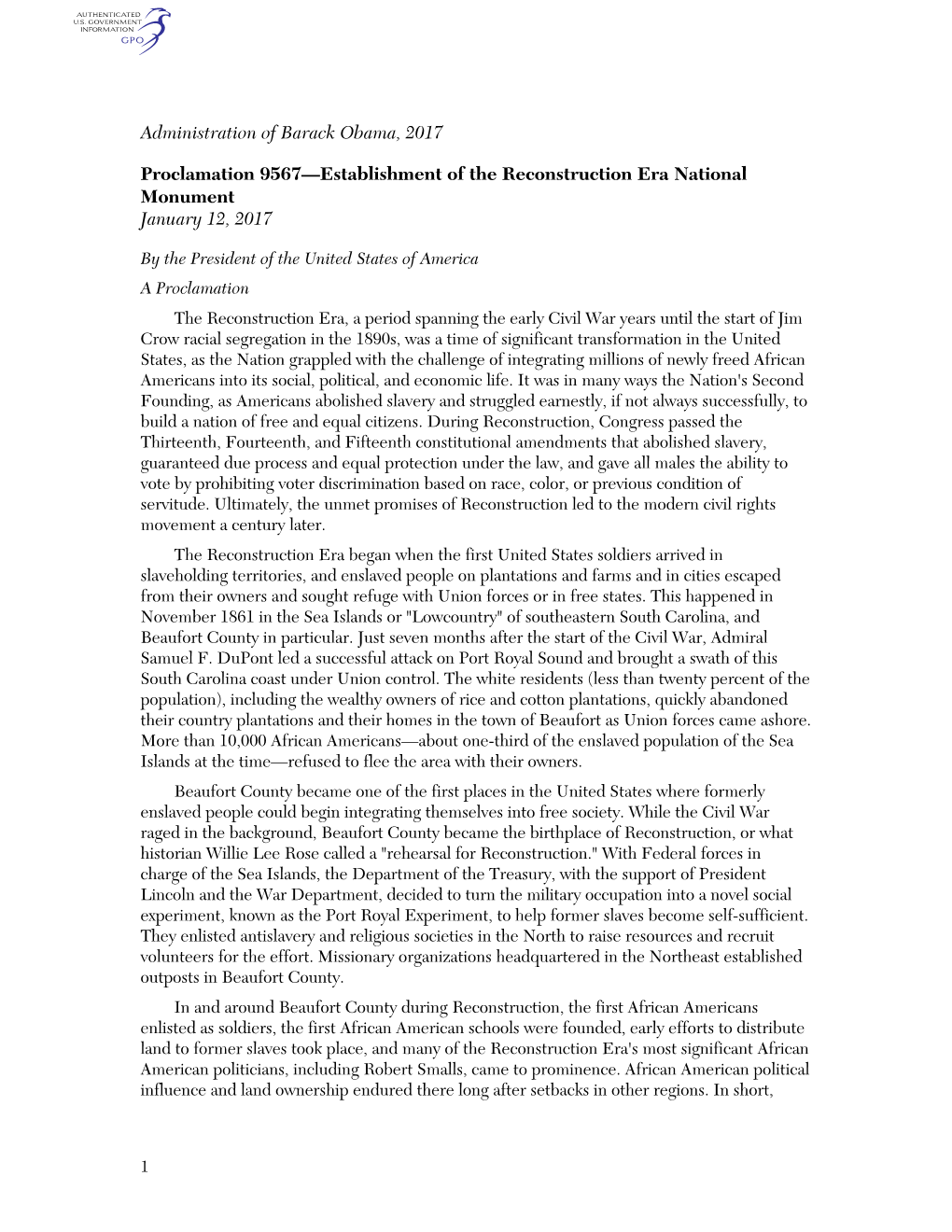 Proclamation 9567—Establishment of the Reconstruction Era National Monument January 12, 2017