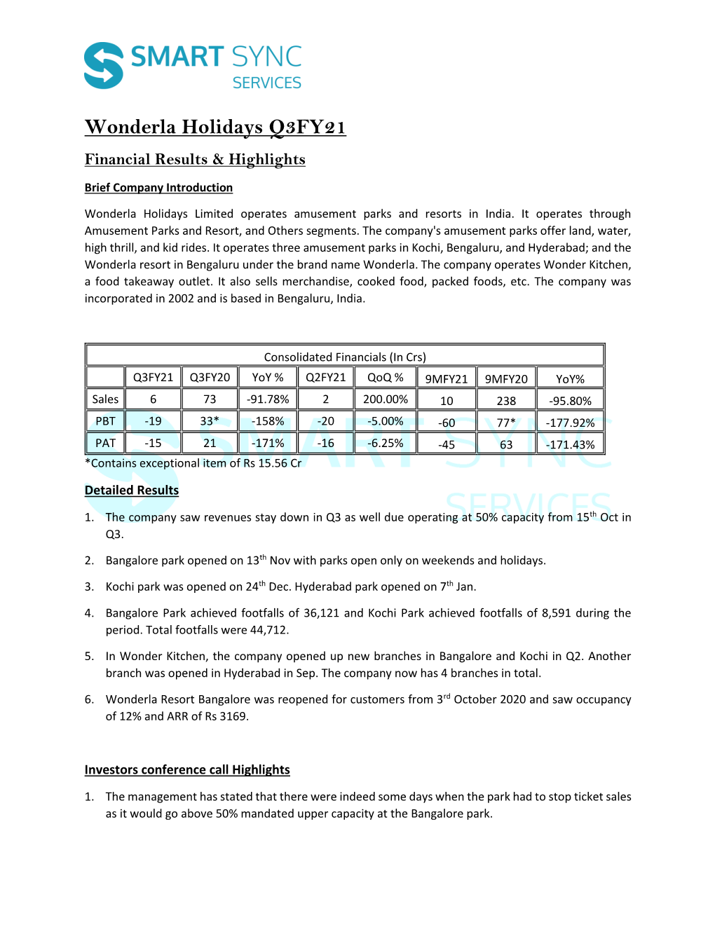 Wonderla Holidays Q3FY21 Financial Results & Highlights