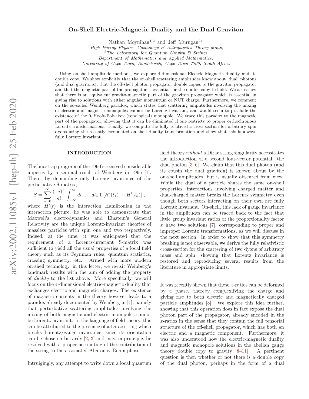 Arxiv:2002.11085V1 [Hep-Th]