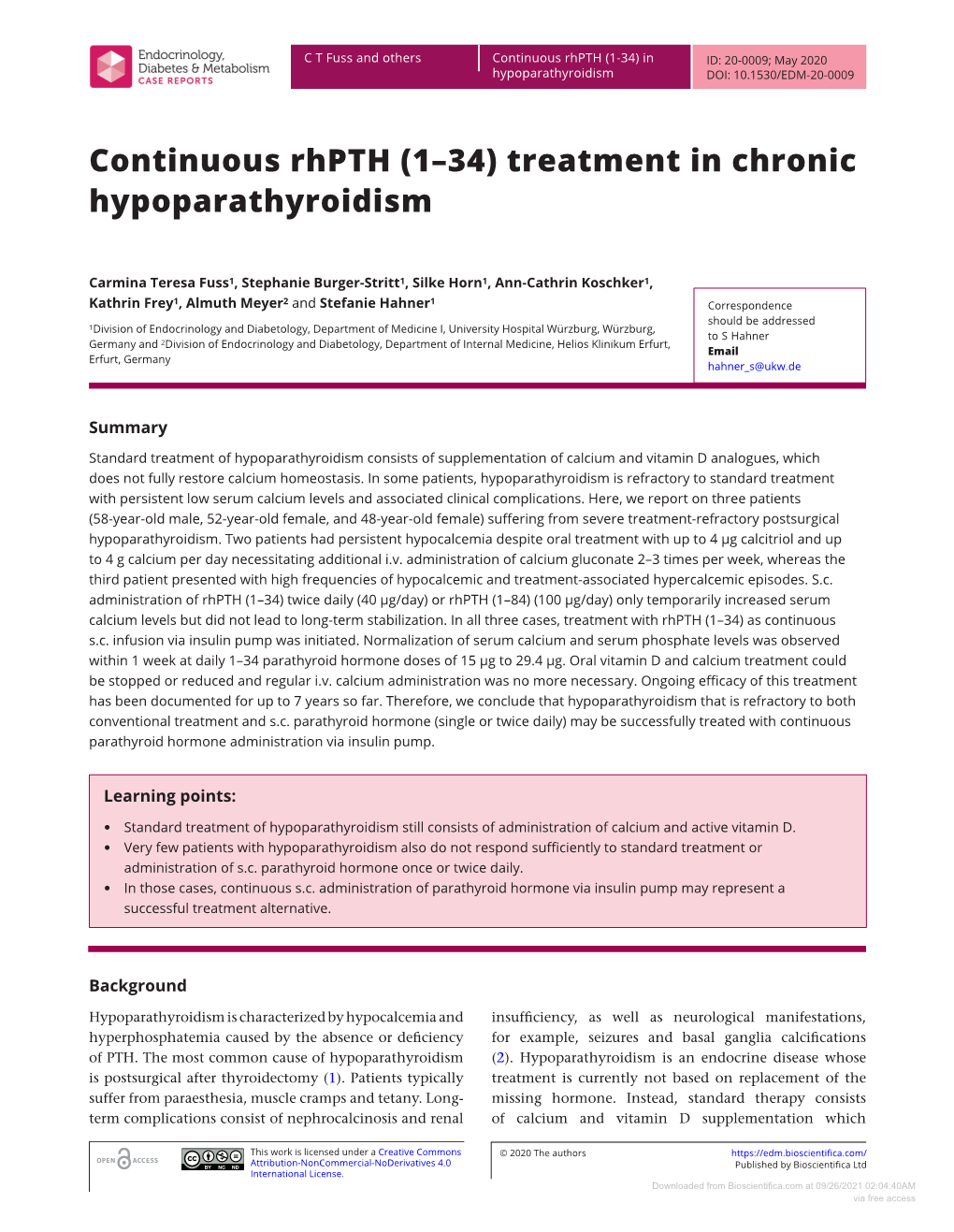 Continuous Rhpth (1–34) Treatment in Chronic Hypoparathyroidism