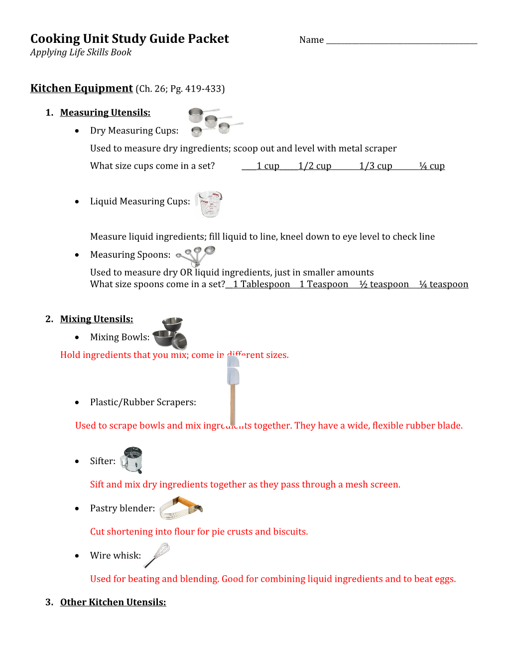 Cooking Unit Study Guide Packet Name ______