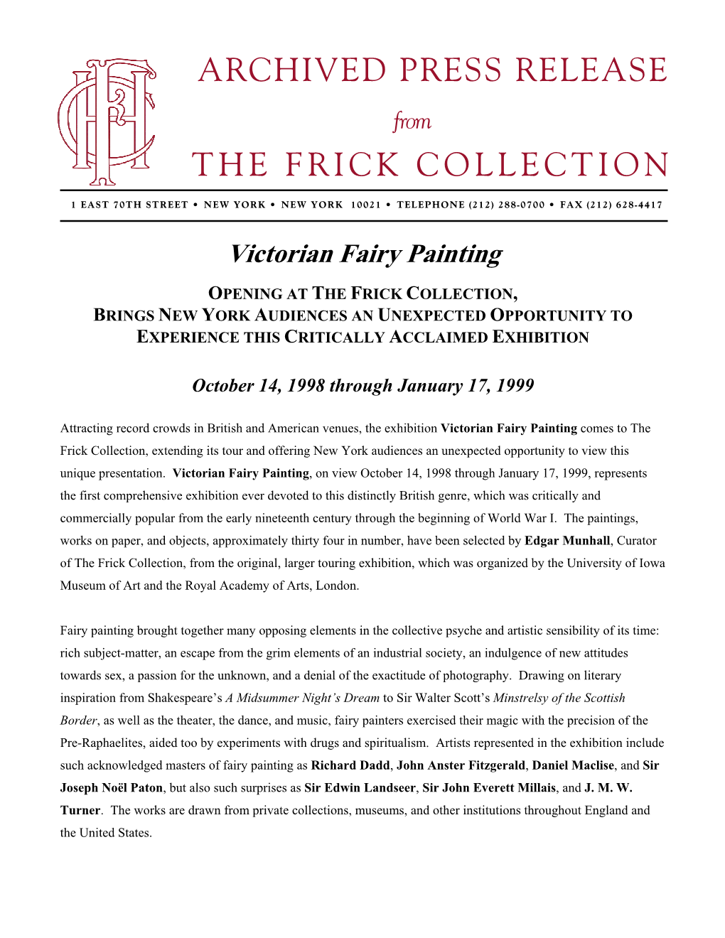 Archived Press Release the Frick Collection